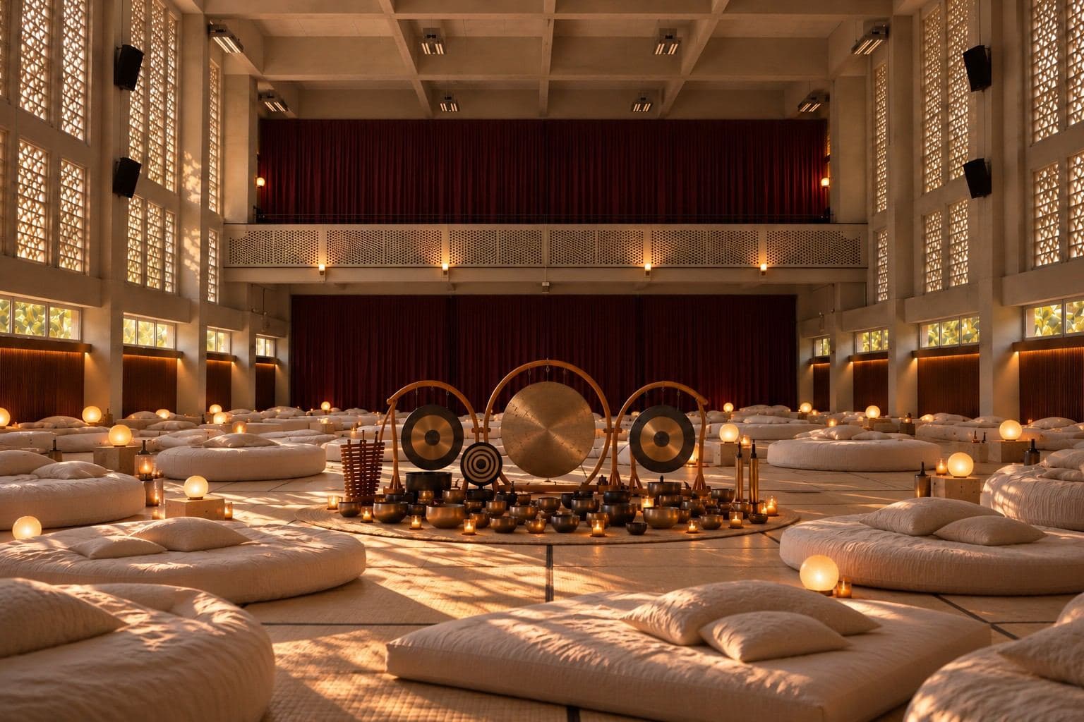 The school hall in daylight, dressed for the event: mattresses and cushions spread across the tiled floor, a ring of gongs and candles at the centre, sunlight falling through the screens.