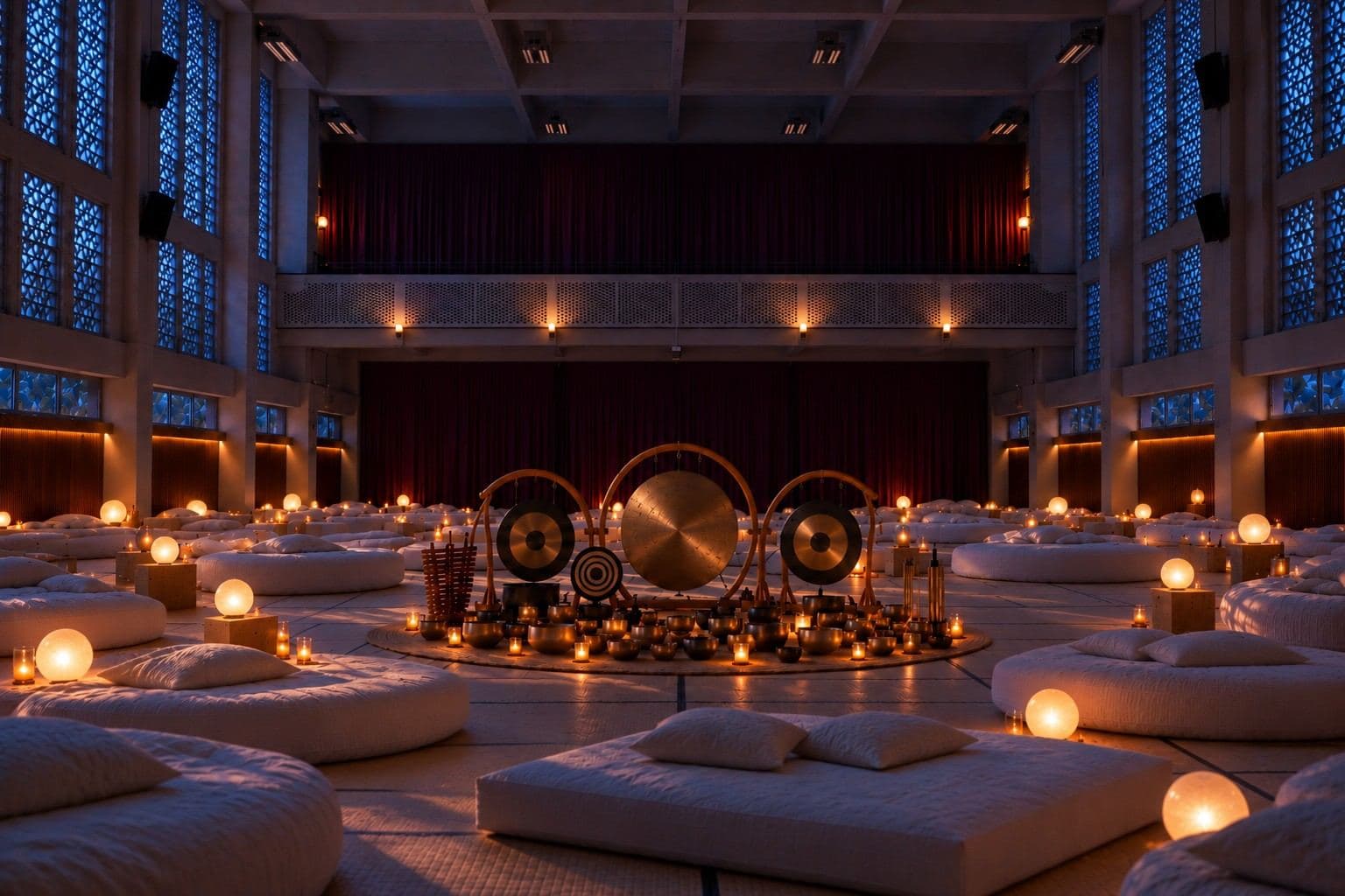 The school hall after dark: the windows deep blue, the floor lit by candles and low lamps, the gongs glowing at the centre of the mattresses.