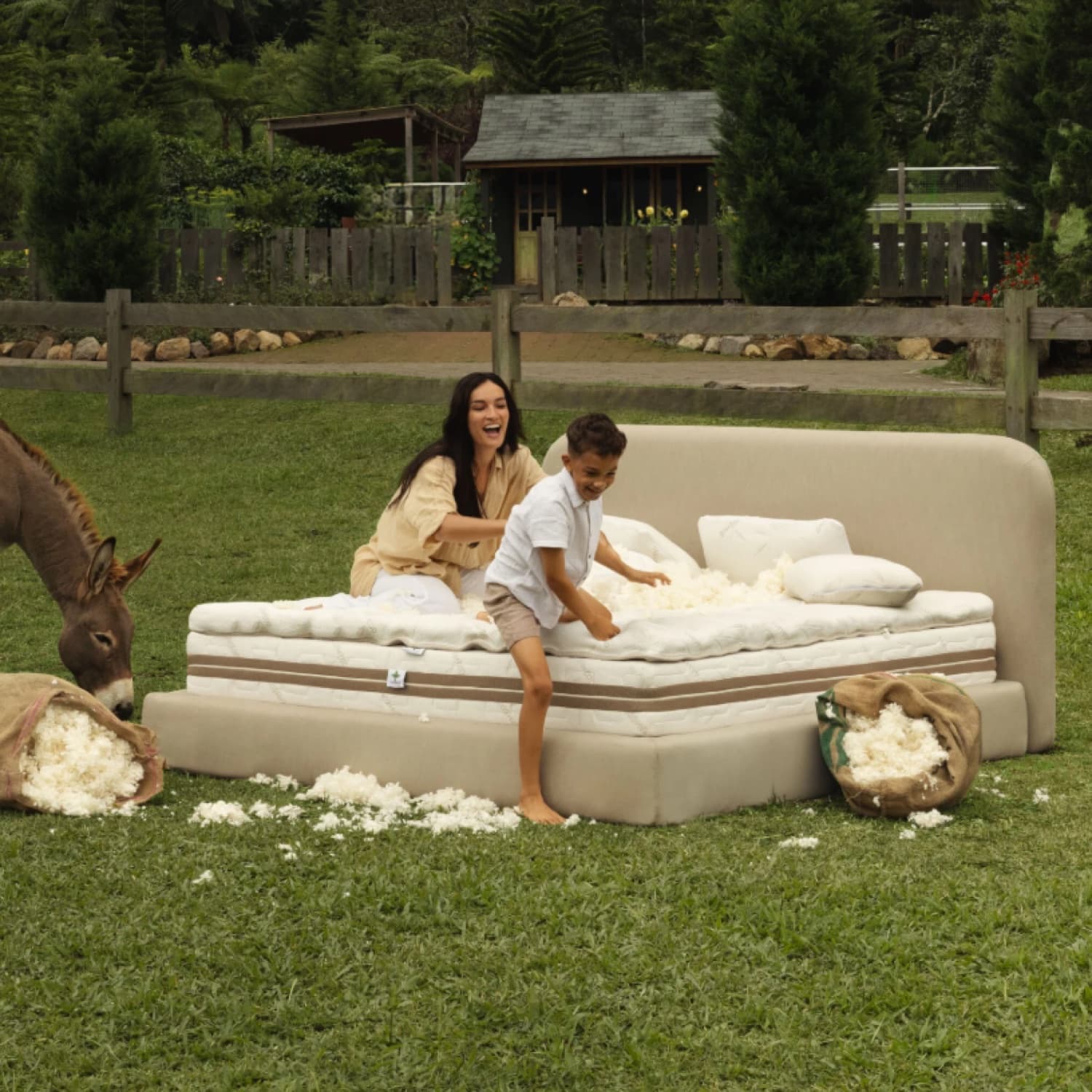 A woman and a boy playing on a Heveya mattress set out on the grass of a highland farm, loose latex scattered around them and a donkey grazing at the edge of the frame.